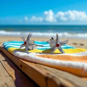 Avon Silvertone Coral Colored Center Starfish Pair Earrings Beachy Tropical Sea